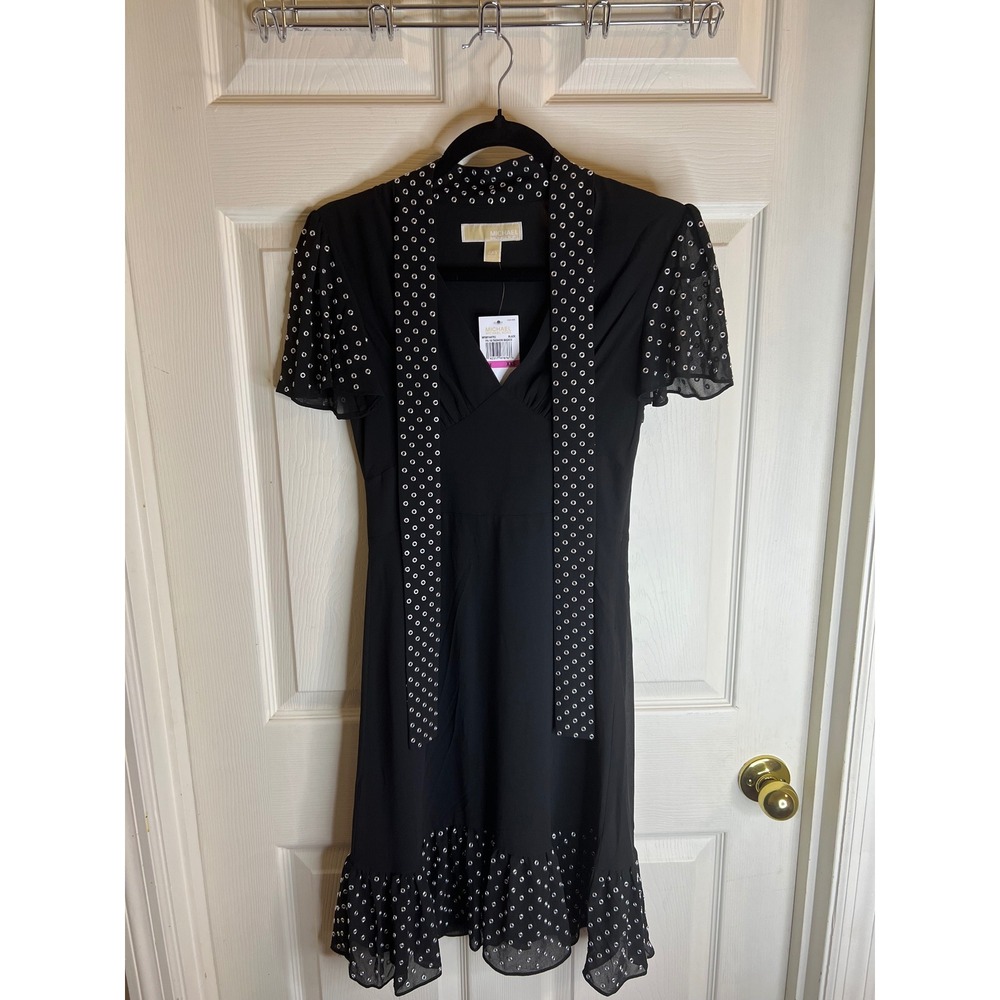 Michael Kors sizeXXS grommeted georgette tie neck dress short sleeve Mini dress